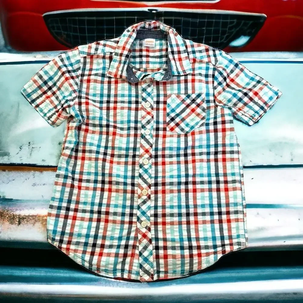 Gymboree Boys Shirt Sz M 7 8 Red White Blue Seersucker Check Jungle Tour Button